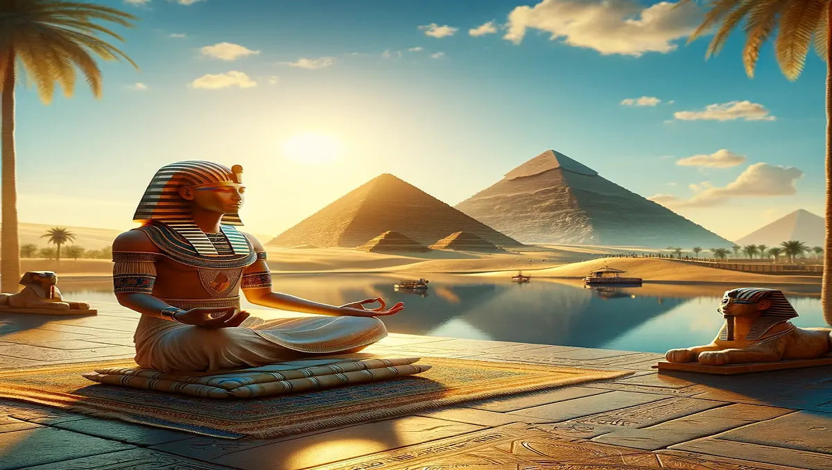 Ancient Egyptian meditation scene with pyramids in the background